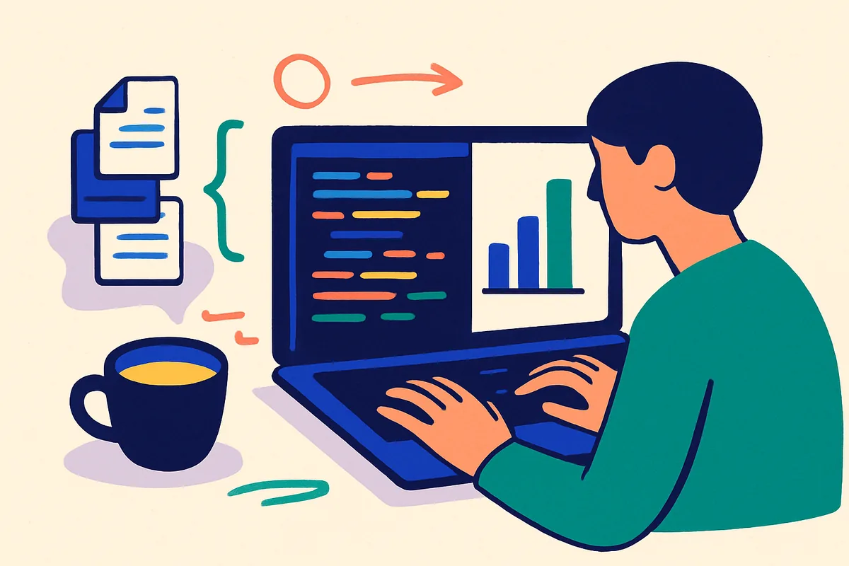 Ученик за ноутбуком пишет программу на Python для обработки файла, рядом изумрудные пометки преподавателя на полях