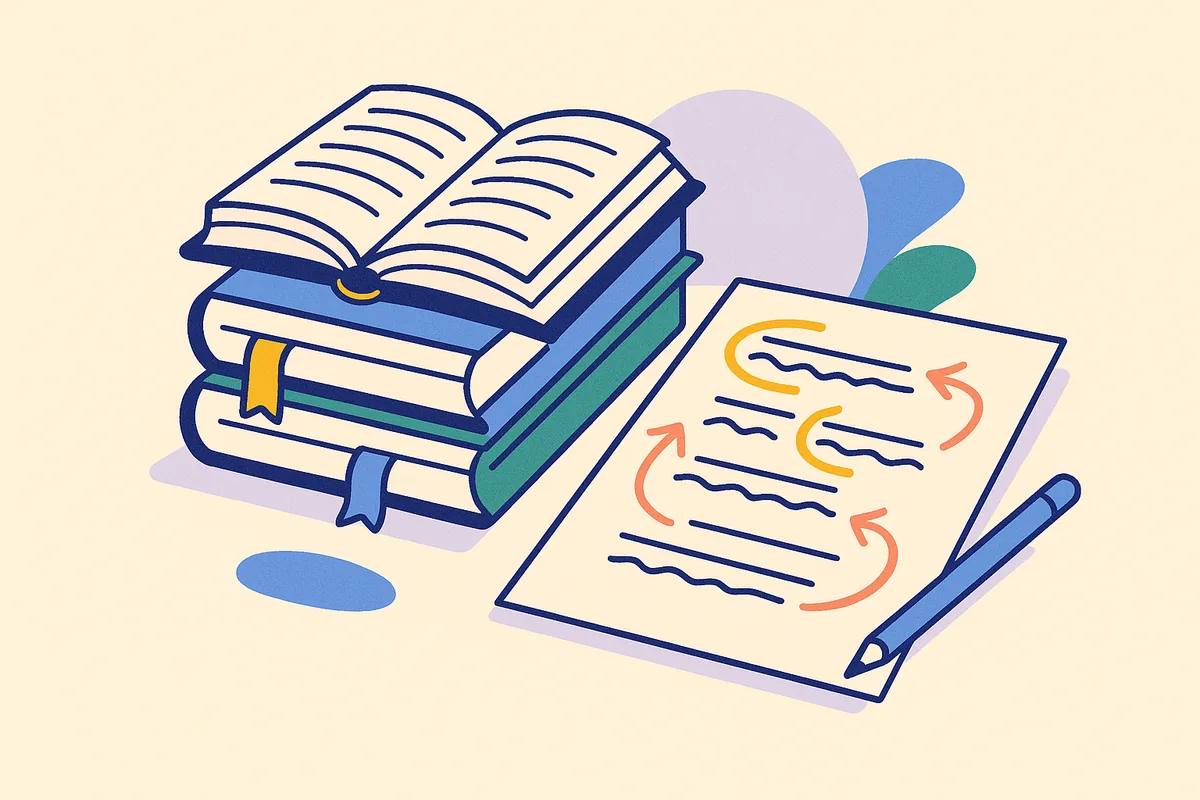 Стопка раскрытых книг с закладками, лист с черновиком сочинения и коралловыми стрелками между цитатами